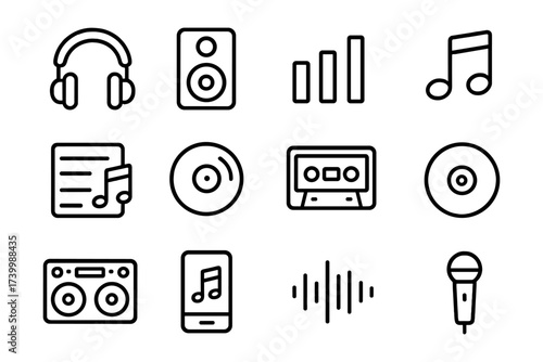 Minimalist music icons set: headphones, speaker, cassette, microphone, music notes, and more