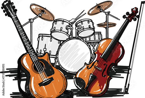 Black and white illustration of drum set, acoustic guitar, and violin with bow for music design and instrumental content
