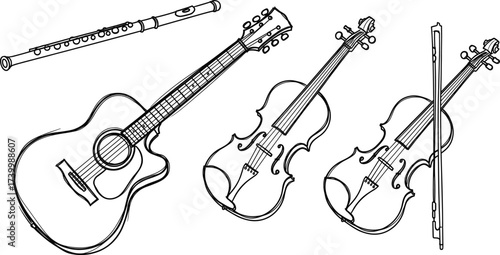 Black and white illustration of flute, acoustic guitar, and violins with bow for music design, orchestration, and educational content 