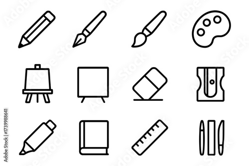 Art and craft icon set: includes pencil, brush, palette, easel, eraser, and more in bold outline style