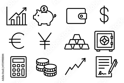 Finance icons: growth charts, currency symbols, savings, and investments in linear style
