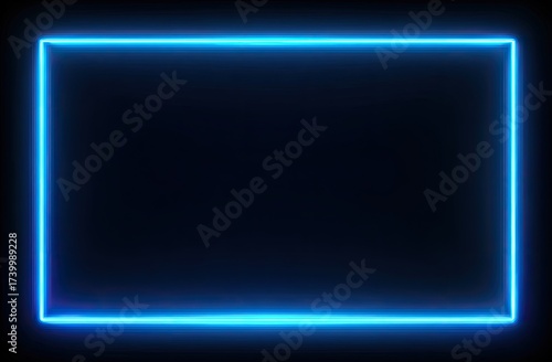 A bright, glowing neon blue rectangle frame, emanating light against a dark black background