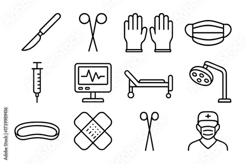Medical tools and equipment icons set in minimalist linear design