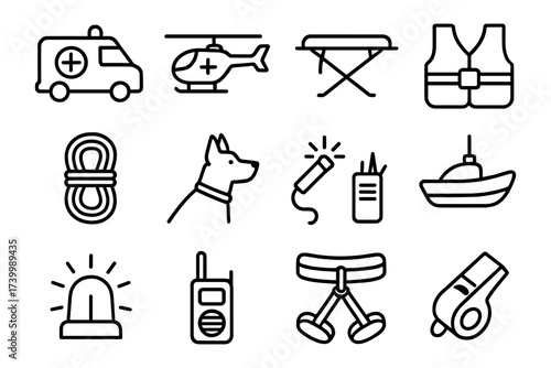 Emergency rescue icons set: line art for safety and first aid equipment