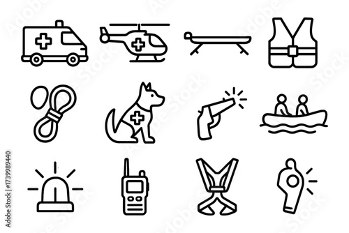 Emergency services icons: ambulance, helicopter, lifesaving equipment in linear design