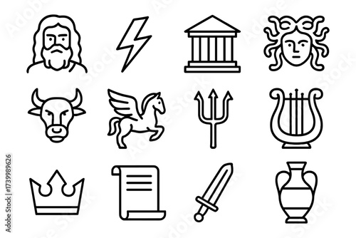 Greek mythology icons: linear style of gods, creatures, and symbols