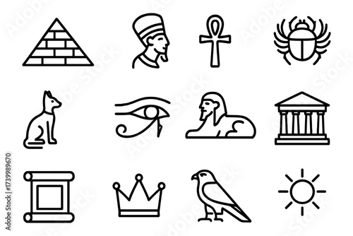 Ancient egyptian icons and symbols in linear art style