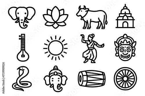 Traditional indian icons set featuring cultural and religious symbols in bold line style