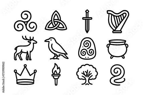 Celtic symbols collection: icons of mythology and tradition in simple black outline