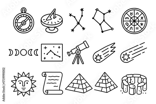 Astronomy and ancient symbols in monoline style: constellations, compass, telescope, zodiac