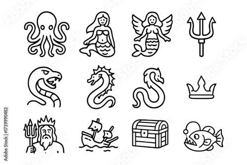 Set of nautical line art icons featuring sea creatures and mythical figures