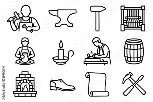 Blacksmith and artisan tools line icons collection for craft and workshops