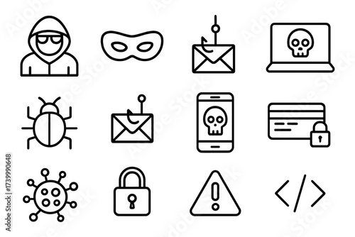 Cybersecurity icons: threats, attacks, and protection symbols in linear style