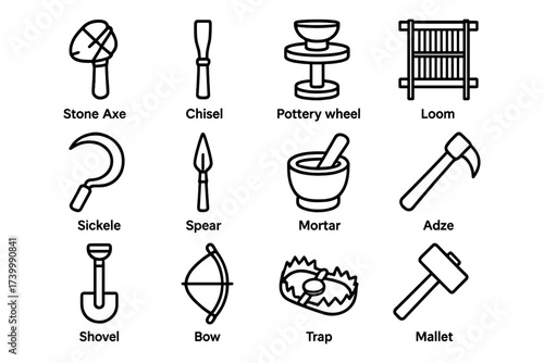 Primitive tools icon set: stone axe, chisel, pottery wheel, loom, and more