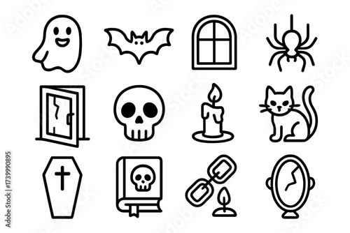 Halloween icon set: ghosts, bats, spiders, and more in bold line art