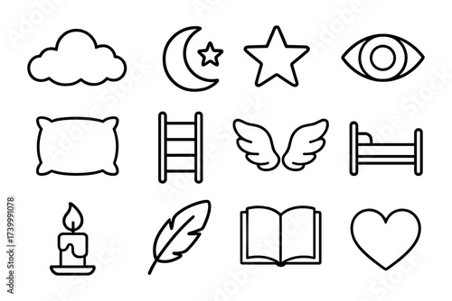 Minimalist outline icons of everyday objects and symbols
