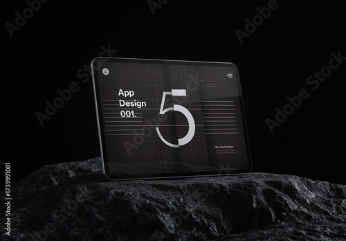 Dark Futuristic Tablet Mockup on Rock Surface