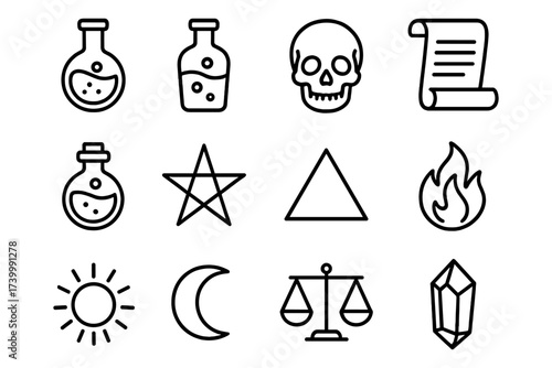 Mystical symbols set: alchemy, skull, fire, and celestial elements in linear style