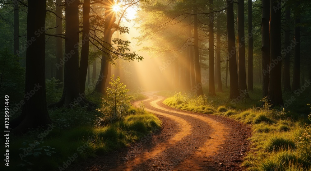 Fototapeta premium Dirt road in a forest with sun shining through the trees