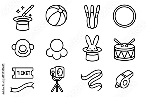 Circus and magic linear icons: fun elements and entertainment symbols