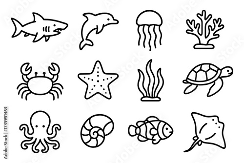 Ocean life outlines: simple marine animal icons for creative designs