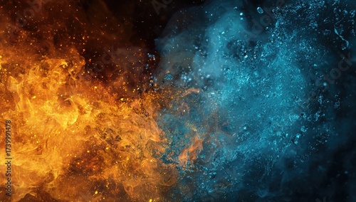 Vibrant clash of fire and water elements meeting, creating abstract, dynamic imagery
