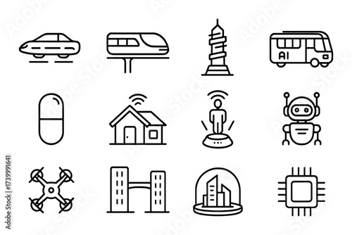 Futuristic technology icons: ai, smart home, drone, and more in linear style