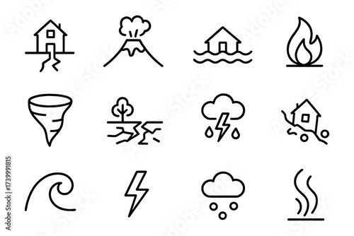 Natural disaster icons: earthquake, volcano, flood, fire, tornado, tsunami in minimalist outline style