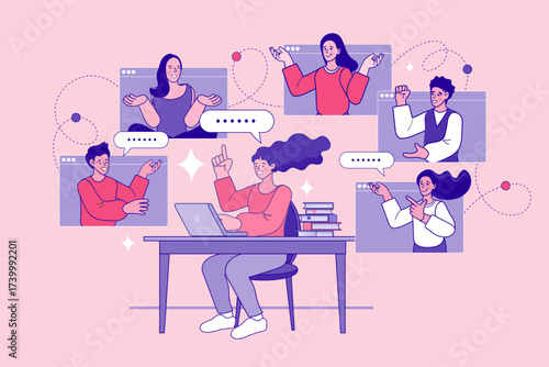 Students and a teacher in an online class. A group of people learning remotely in a video conference call with a professor. Concept of e-learning, a virtual classroom, and a university webinar.