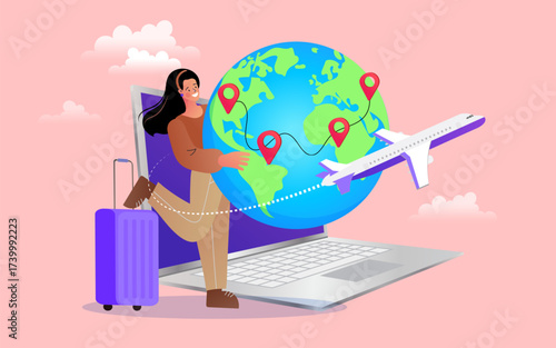 A happy woman with luggage steps out of a laptop, hugging a globe. Concept of world travel, wanderlust, and planning a dream trip online. Vector illustration for a tour agency or travel blog.