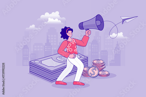 An entrepreneur announces an investment opportunity. A businesswoman with a megaphone stands on money, symbolizing a successful startup, funding, or financial growth. Business news concept.