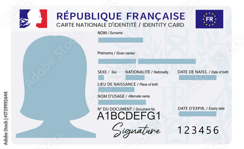 French National Identity Card with female silhouette isolated on white background. 