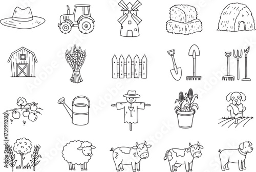 Farm farming agriculture rural country village hand drawn doodle icon set collection