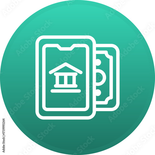 Digital banking icon with a smartphone displaying a bank building and banknotes symbolizing financial transactions