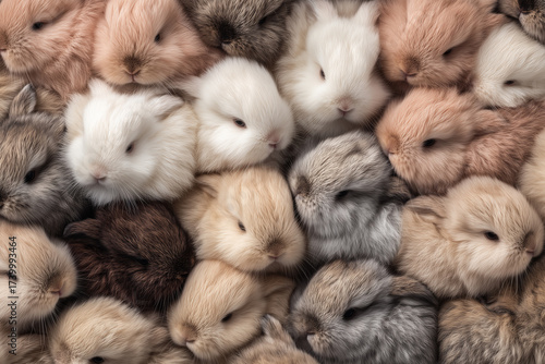 Dozens of tiny fluffy baby rabbits relaxed and cozy together in a soft, diffused setting creating a heartwarming scene