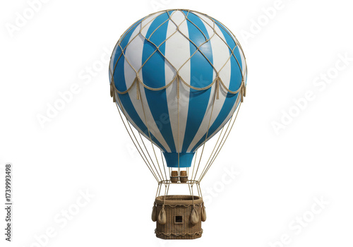 Blue and white striped hot air balloon isolated PNG, vintage wicker basket travel