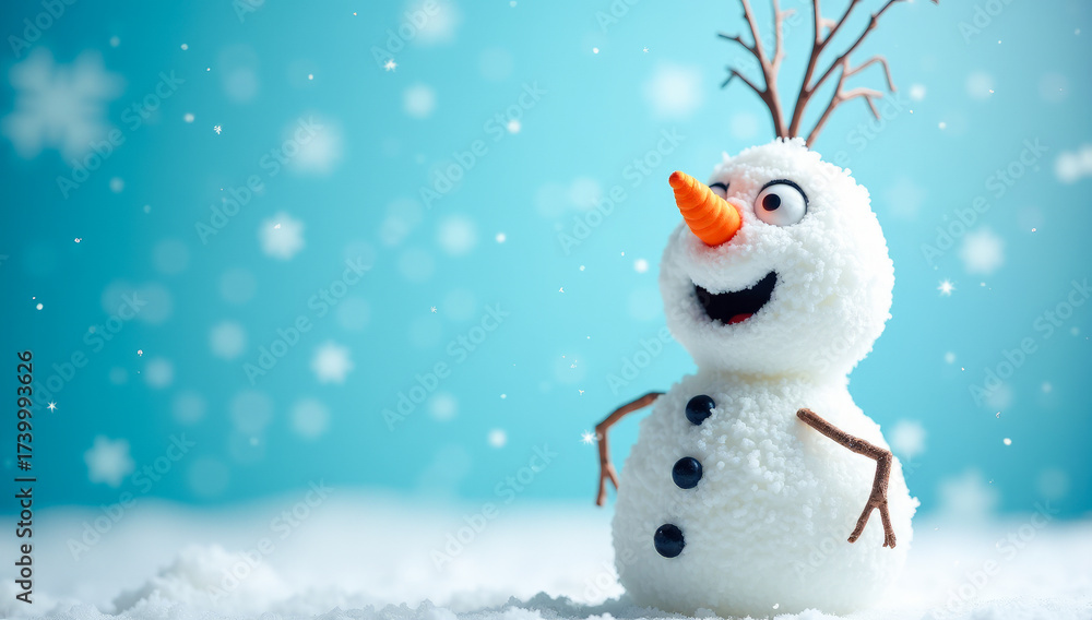 Fototapeta premium A cheerful snowman on a snowfall background