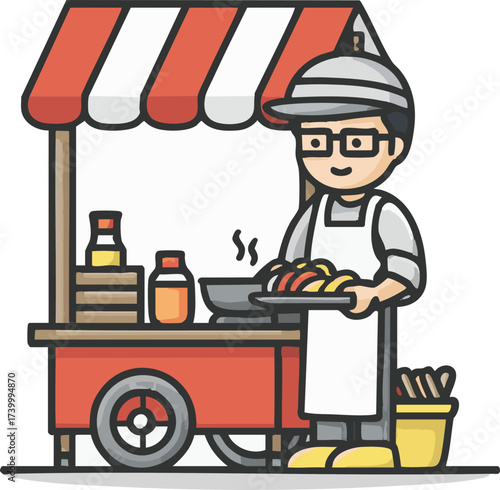 Flat Vector Cartoon of a Street Food Vendor