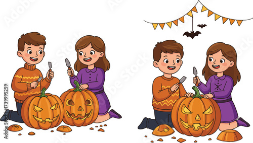 Cartoon boy and girl carving pumpkins for Halloween celebration, kids making jack o lantern, holiday fun, autumn festival illustration