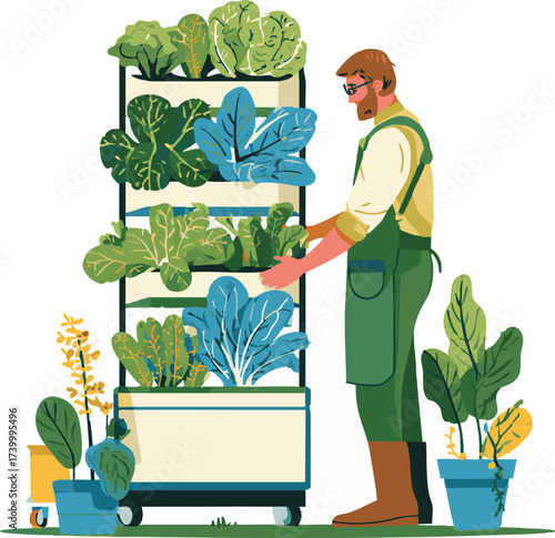 Flat Vector Illustration of a Farmer Tending Plants
