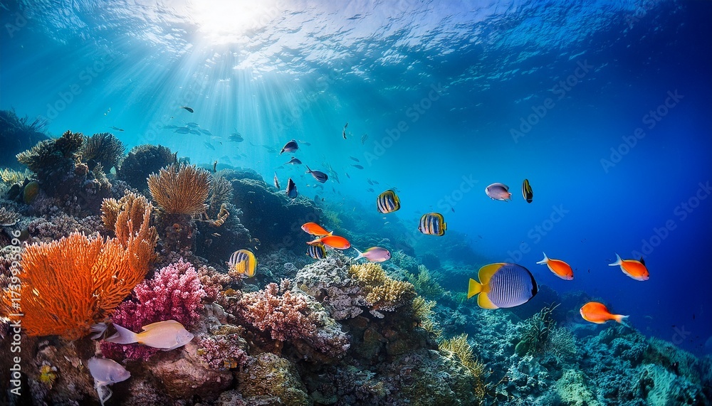 Fototapeta premium vibrant coral reef teeming with colorful fish illuminated by sunlight penetrating the azure water