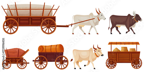 draft animals cart yoke oxen pulling carts isolated on white background png, ai generated