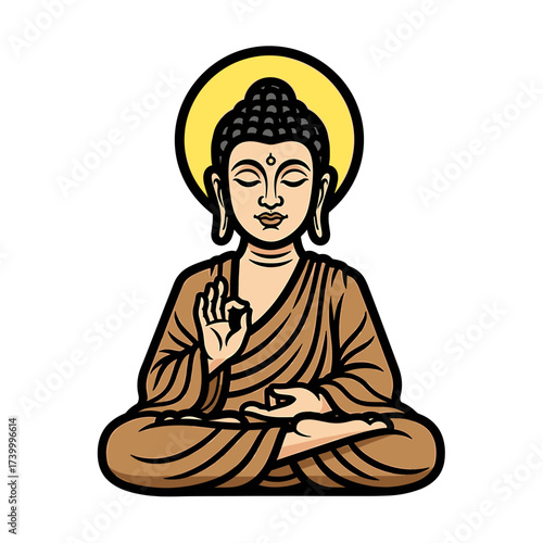A serene illustration of Buddha meditating in a lotus position with a golden halo.