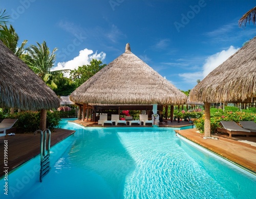 Wallpaper Mural luxurious tropical resort featuring a swim up bar under a thatched roof surrounded by turquoise swimming pools and lush vegetation Torontodigital.ca