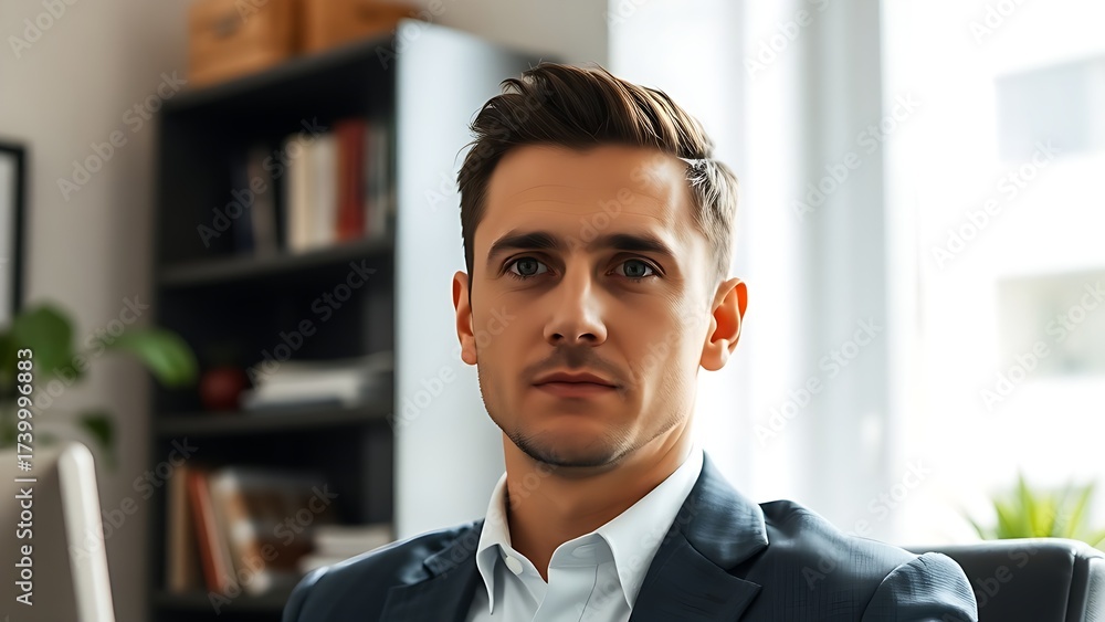 Fototapeta premium A focused professional working in a home office with natural light and a blurred bookshelf behind.