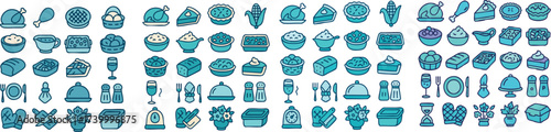 Collection of blue icons representing kitchenware and serving dishes.
