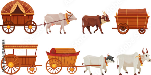 draft animals cart yoke oxen pulling carts isolated on white background png, ai generated
