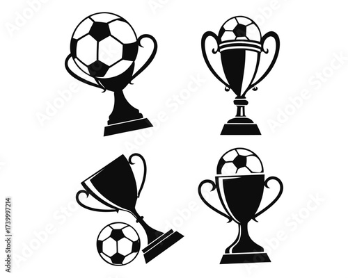 Four black silhouette illustrations of soccer trophies, each topped with a football, representing victory and achievement in the sport.
