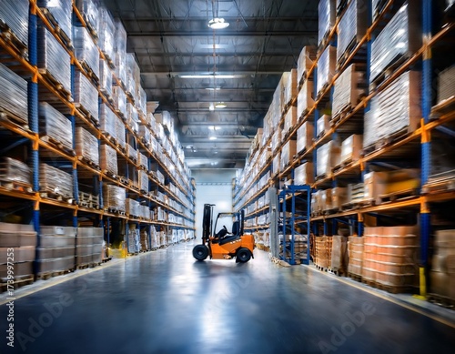 blurred warehouse interior with shelves and a forklift truck in the center highlighting industrial scale distribution energy and the functional atmosphere of modern storage