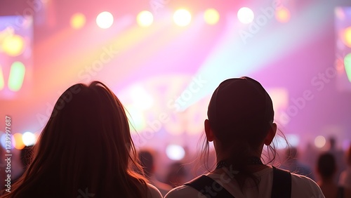Two festival attendees enjoying music with colorful lights and a soft ambient glow around them.